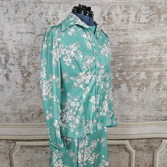 Vintage 1970s M Maxi Dress & Jacket Green Floral Mod Vintage VTG 70s Sleeveless - Picture 5 of 16